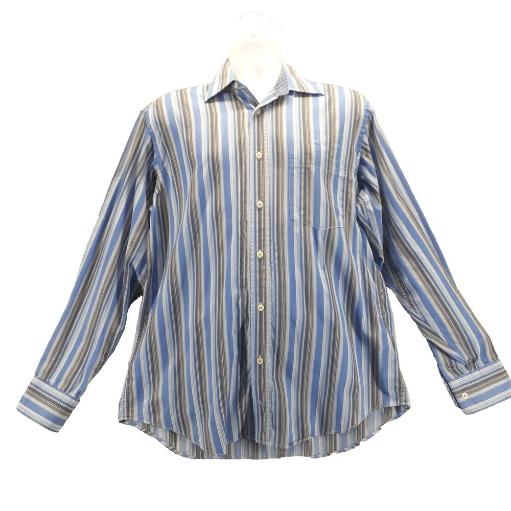 Bugatchi Uomo Men Sz L Button Up Shirt Blue White Striped Flip Cuffs Long Sleeve
